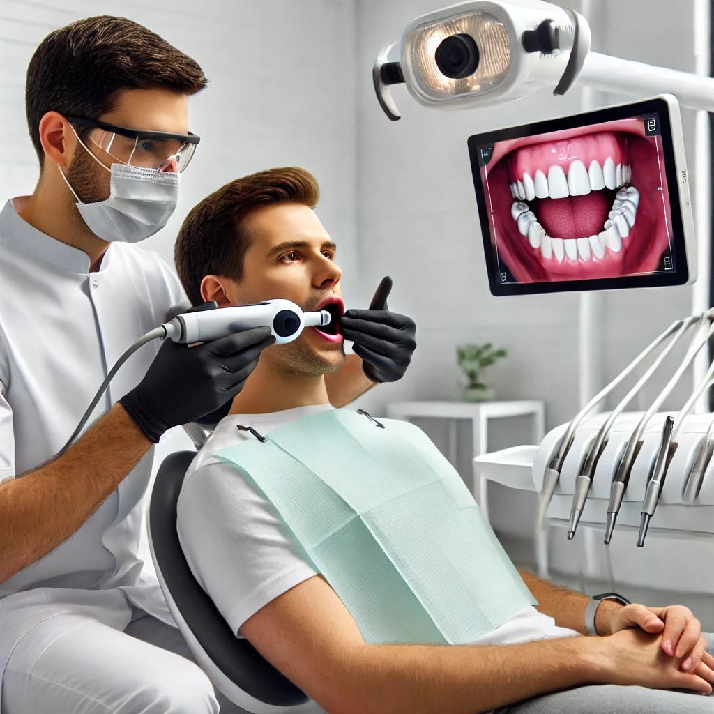 Dentist using an intraoral camera to examine a patient's teeth in a dental clinic.