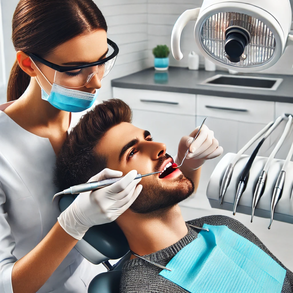 Dentist performing a root canal treatment on a patient in a dental clinic.