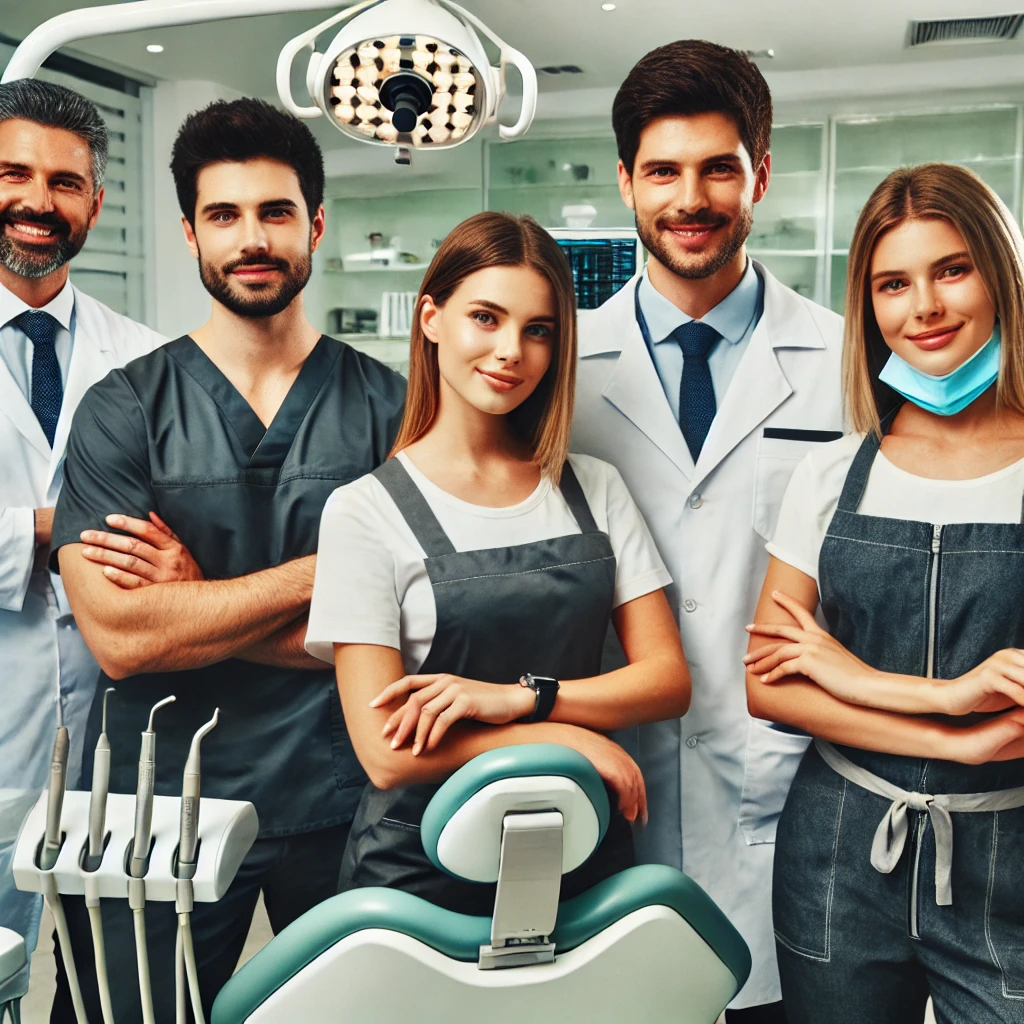 dentists, dental hygienists, and dental assistants, all wearing professional attire